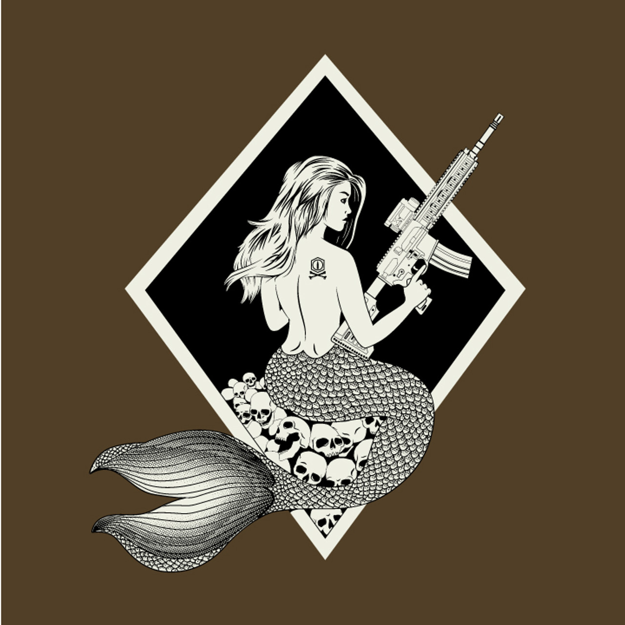 Black on Ammo Mermaid T-Shirt Brown Front Artwork Millbrook LEAF Program Canada