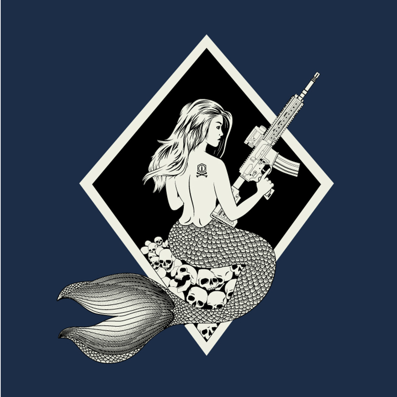 Black on Ammo Mermaid T-Shirt Navy Front Artwork Millbrook LEAF Program Canada