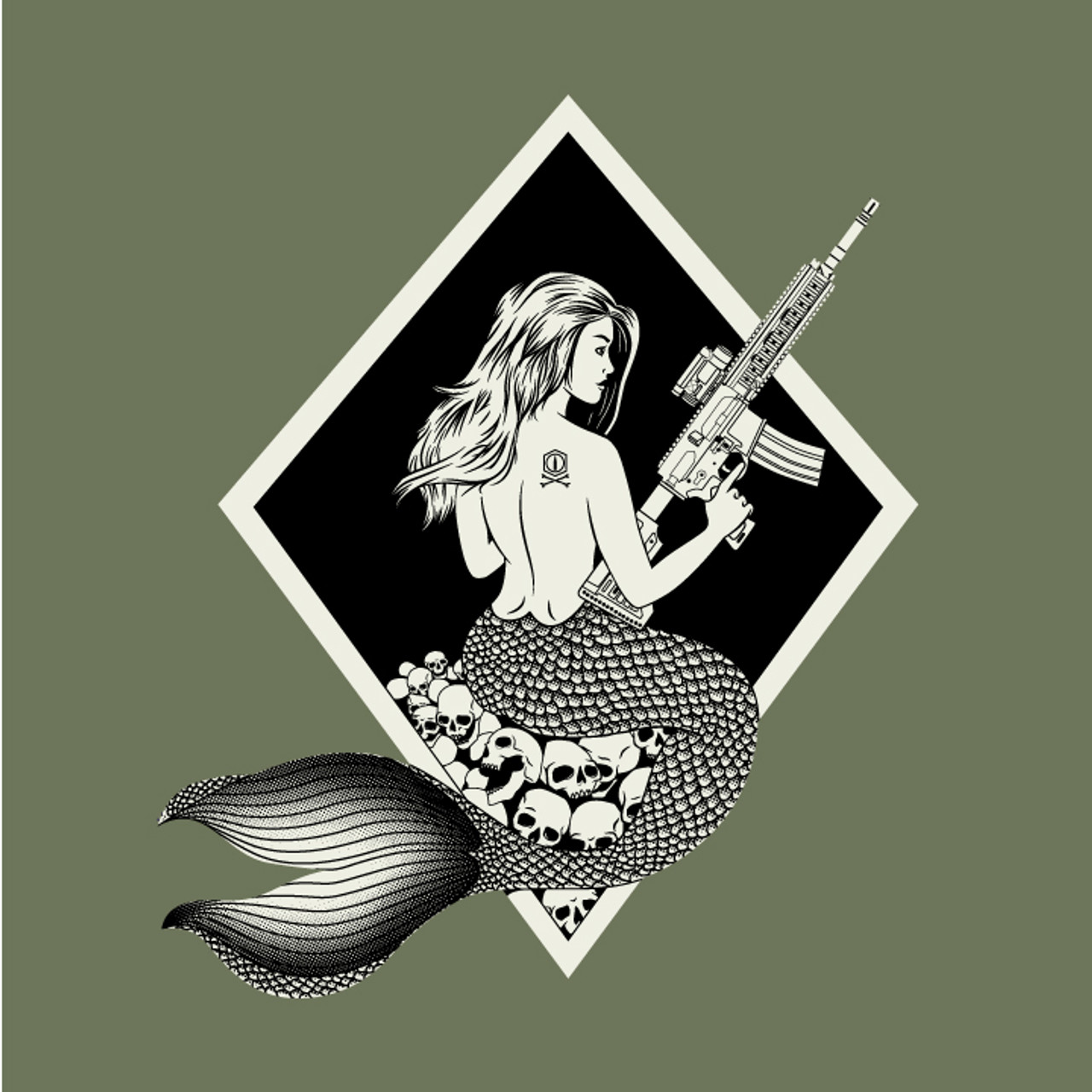 Black on Ammo Mermaid T-Shirt Olive Front Artwork Millbrook LEAF Program Canada