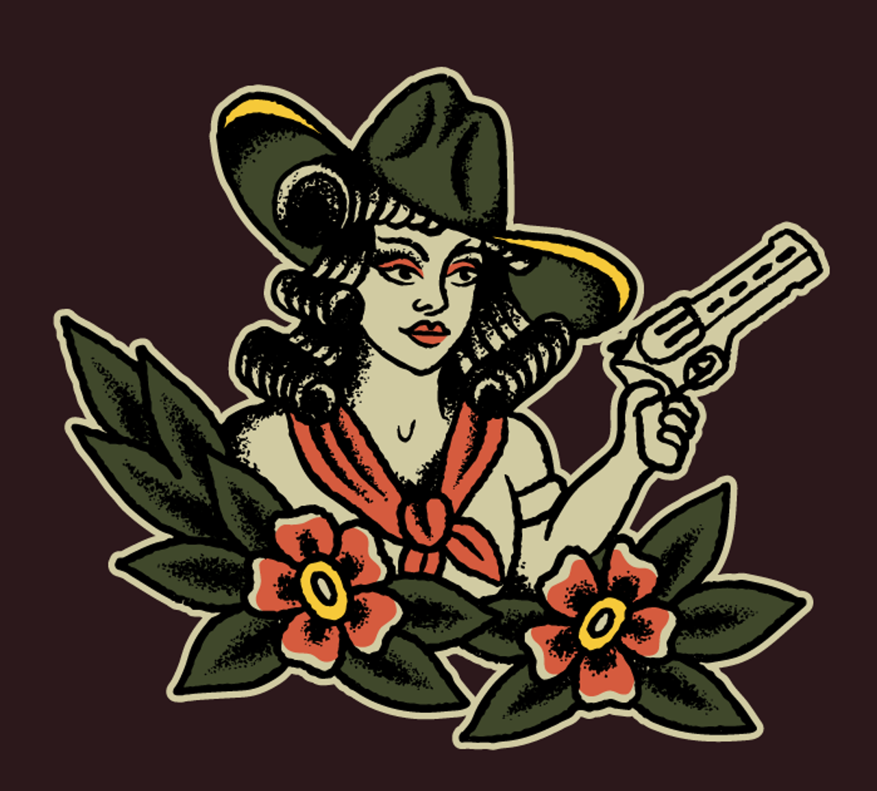 Black on Ammo Tattoo Girl T-Shirt Burgundy Front Artwork Millbrook LEAF Program Canada