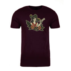 Black on Ammo Tattoo Girl T-Shirt Burgundy Front Millbrook LEAF Program Canada
