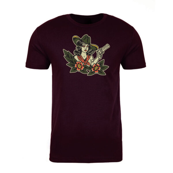 Black on Ammo Tattoo Girl T-Shirt Burgundy Front Millbrook LEAF Program Canada