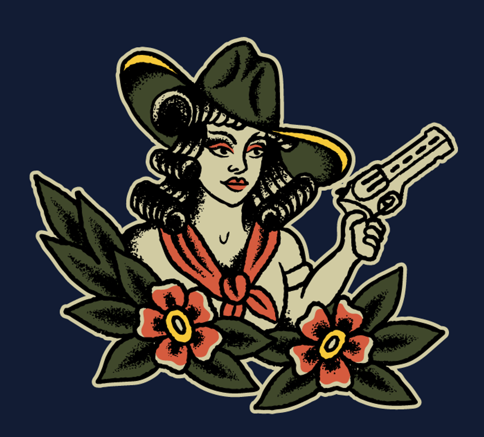 Black on Ammo Tattoo Girl T-Shirt Navy Blue Front Artwork Millbrook LEAF Program Canada