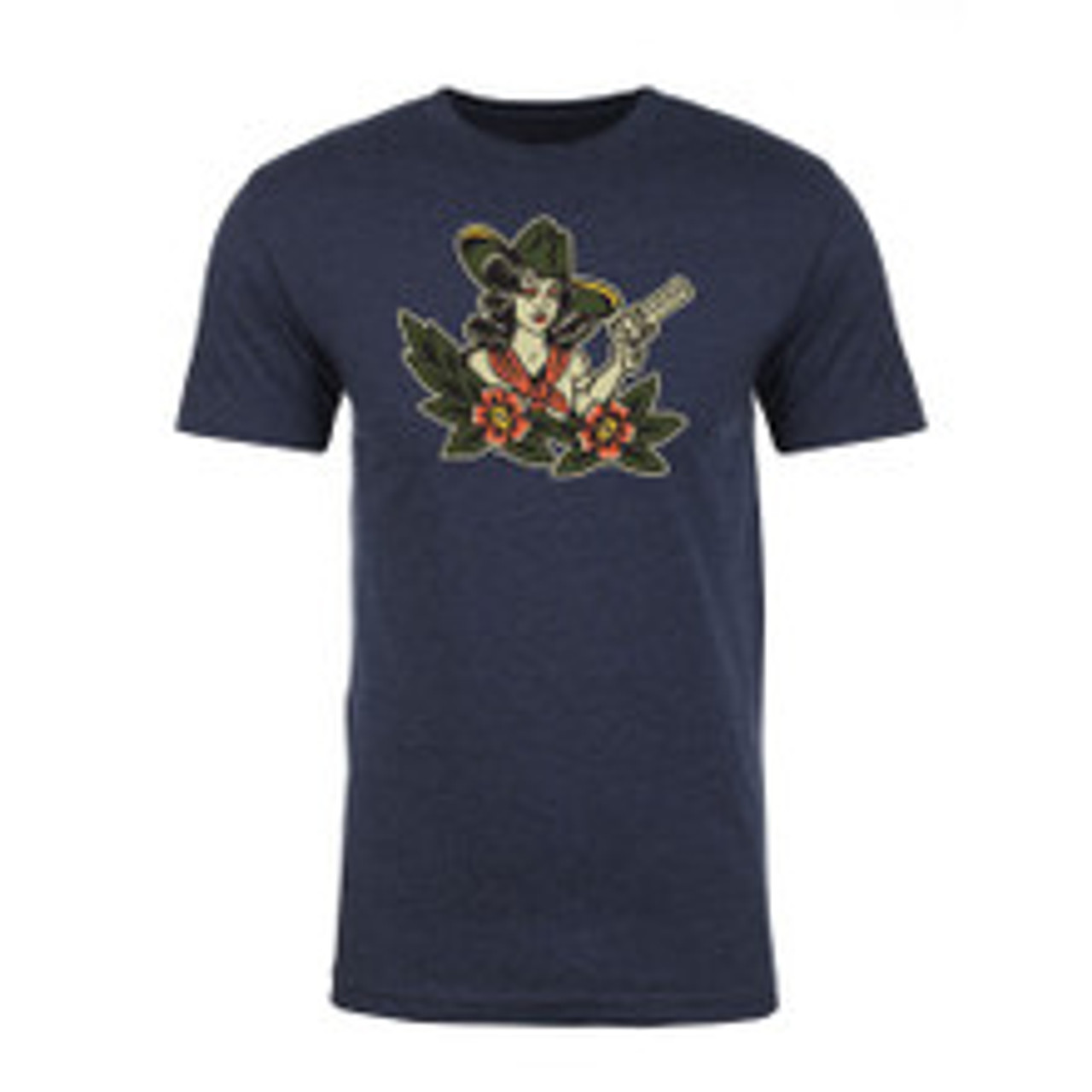 Black on Ammo Tattoo Girl T-Shirt Navy Blue Front Millbrook LEAF Program Canada